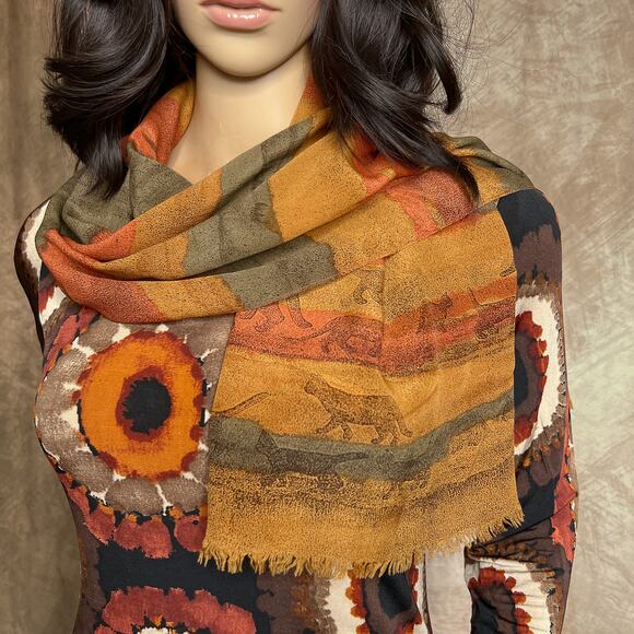 Vera Neumann Prima Vera Collection Vintage 70s Silk Cat Print Scarf Orange Boho - Picture 2 of 9